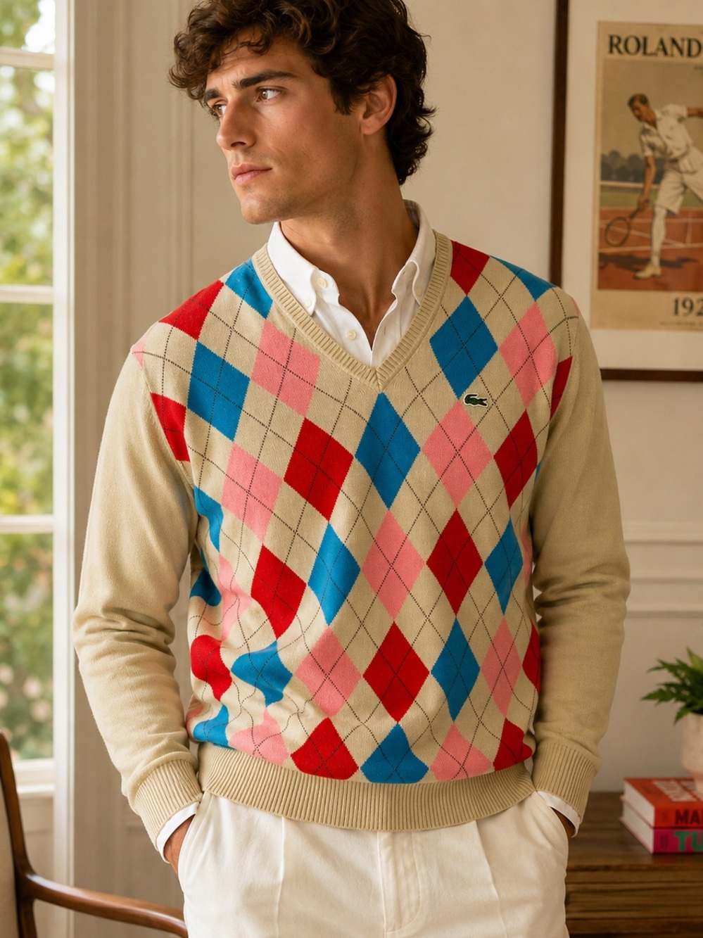 Lacoste Men’s Medium Argyle Cotton Sweater Preppy Golf Core